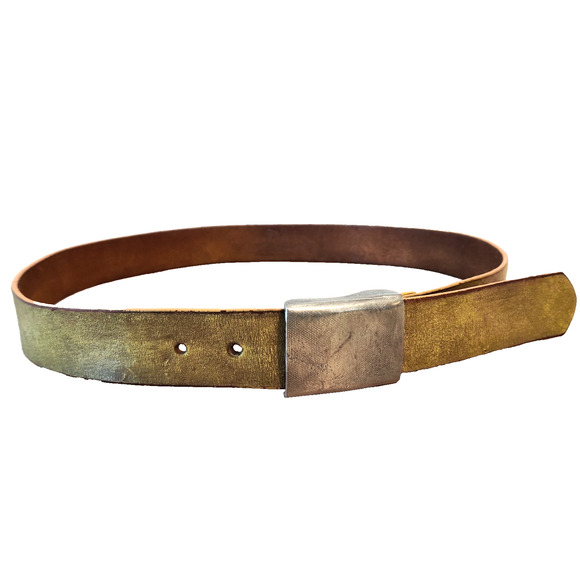 Leather Island Mens Belt Bill Lavin Sz 38 Greenish Tan Silver Tone Welded Buckle - Picture 1 of 16